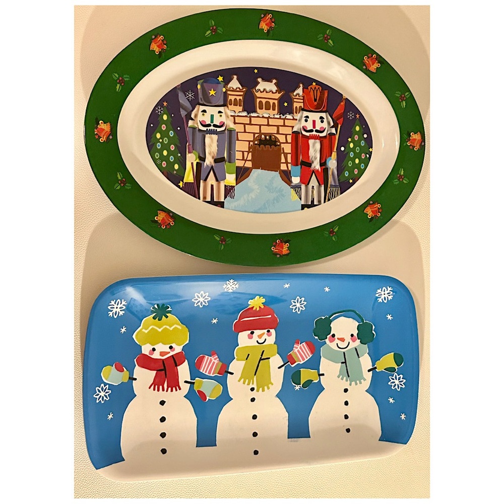 Holiday Melamine Tray Bundle • Nutcracker Oval Platter + Snowmen Winter Tray